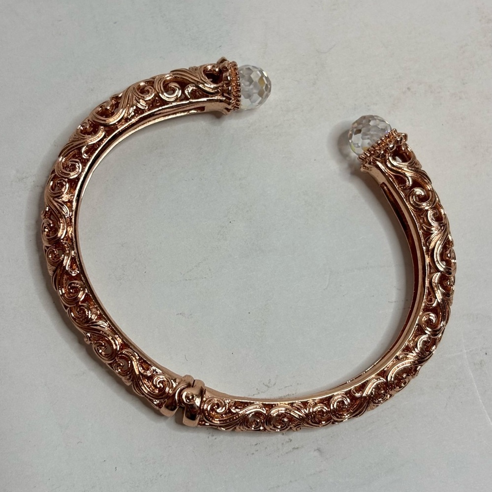 Prime Art & Jewel Rose Gold Tone Filigree CZ Tip Hinge Cuff Bracelet